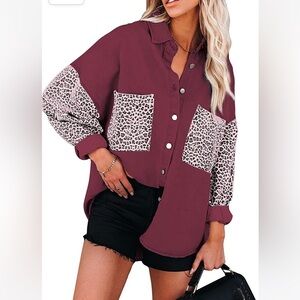 Burgundy Jacket with Cheetah Print Sleeve And Pocket